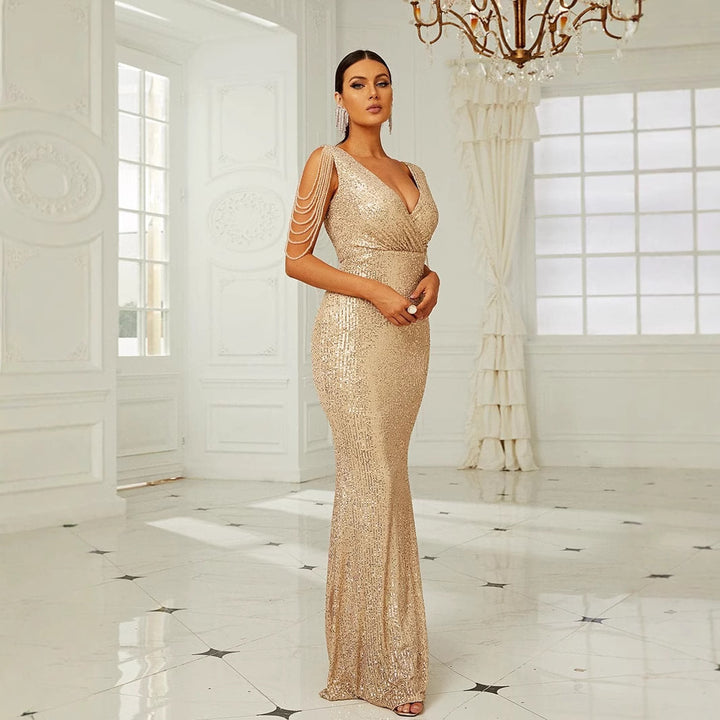 Women's Glamorous Evening Dress with Sparkling Sequins and Off-Shoulder Sleeves Lisslune