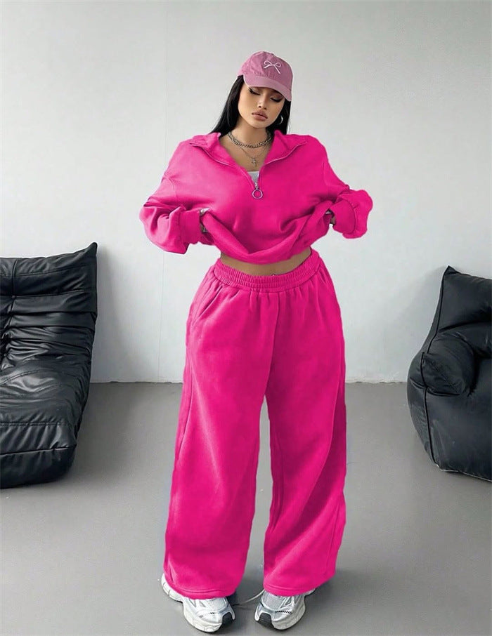 Women's sporty fleece loungewear set with high collar and loose fit Lisslune