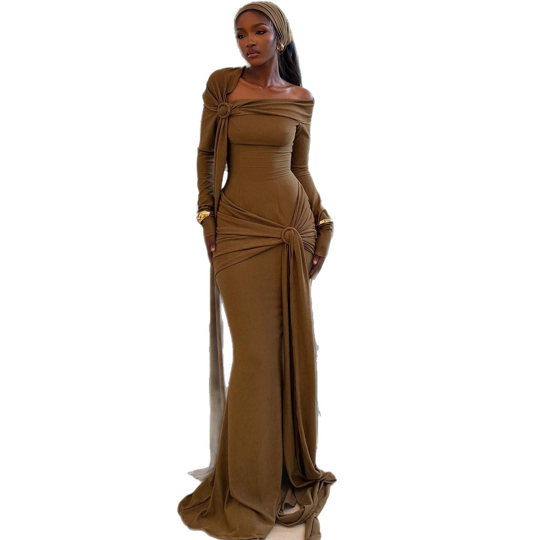 Women's Long-Sleeved Evening Dress with Asymmetrical Cut and Sophisticated Draping Lisslune