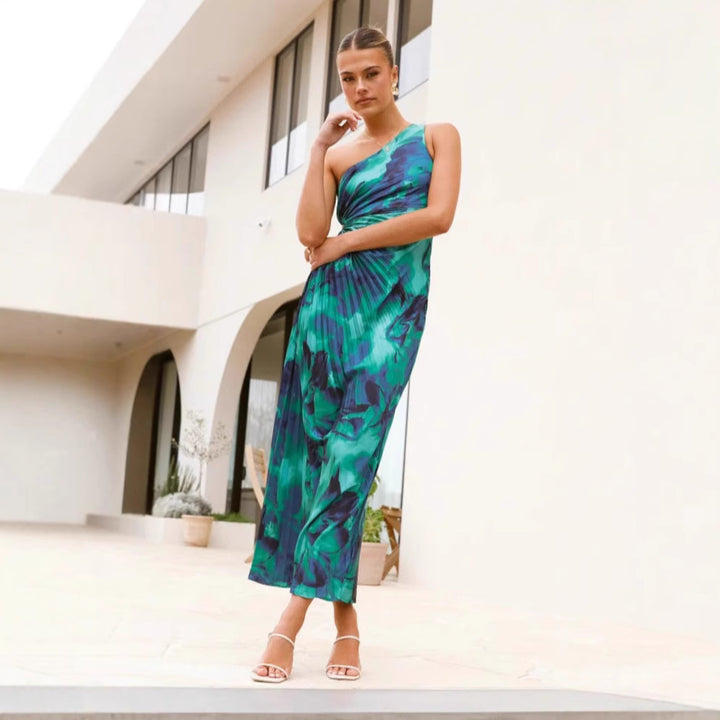 Women’s maxi dress with asymmetric cut and flowing pleated skirt Lune London