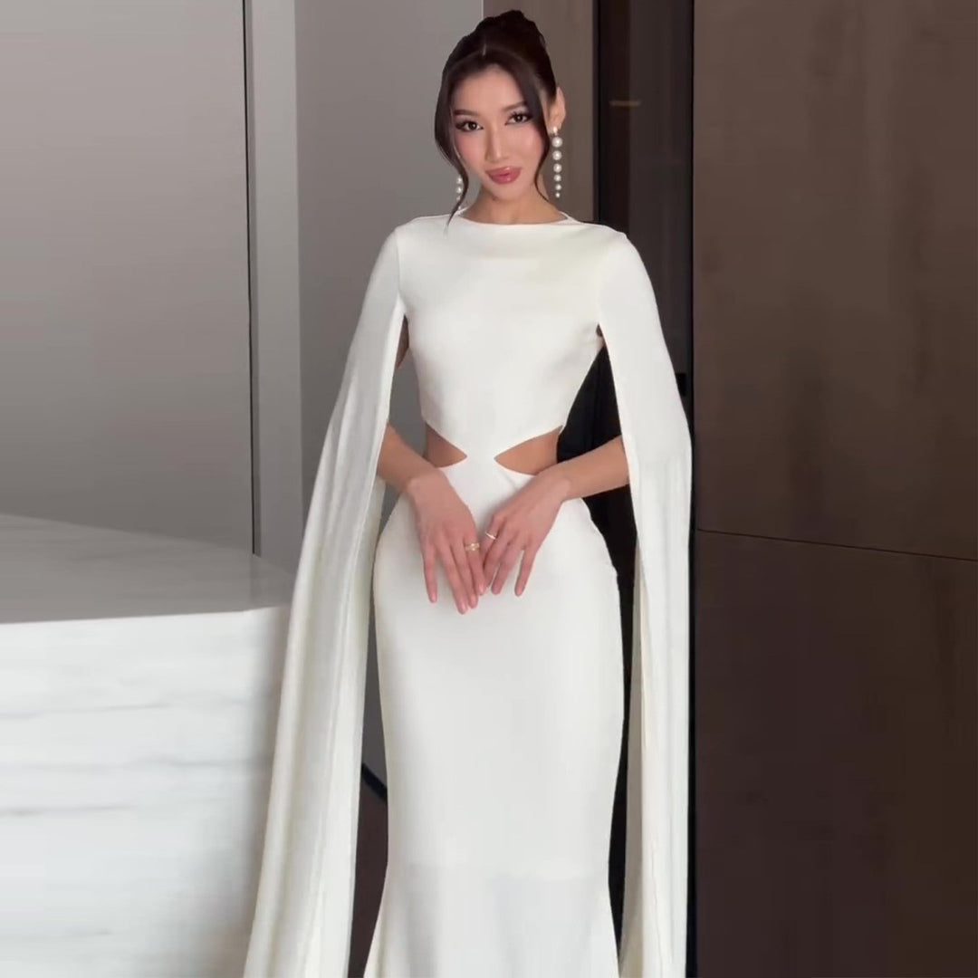 Women's Elegant Evening Dress with Innovative Cut-Out and Dramatic Cape