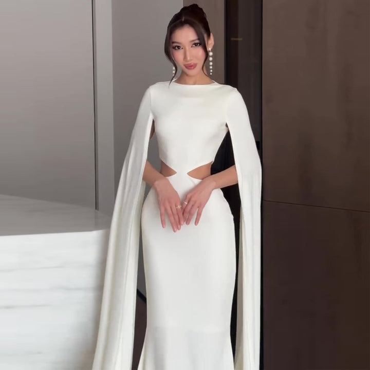 Women's Elegant Evening Dress with Innovative Cut-Out and Dramatic Cape