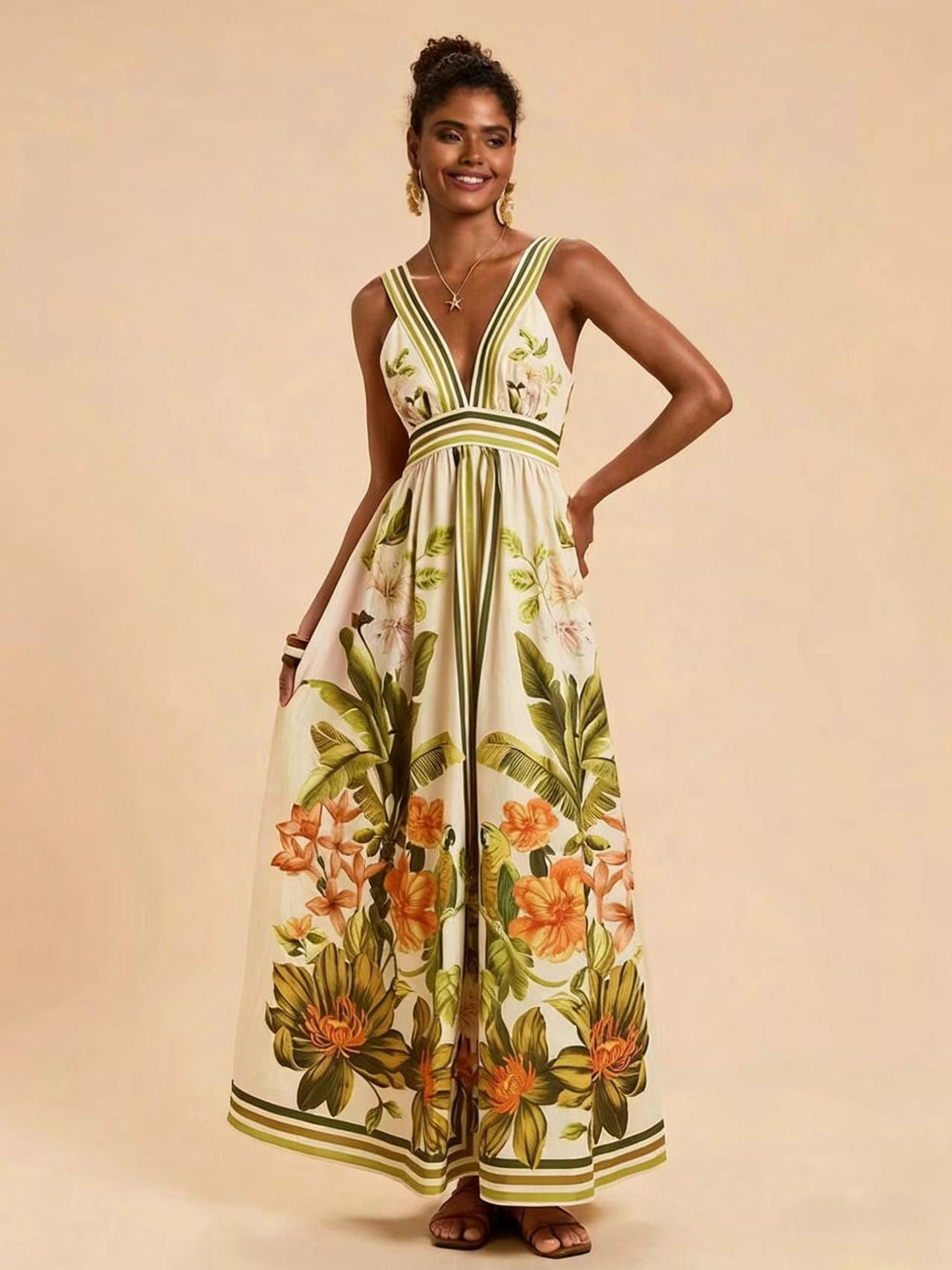 Women's maxi dress with deep V-neckline and floral design