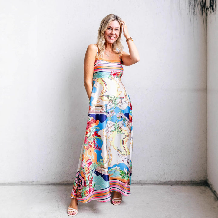 Women's maxi dress with exciting graphic print and playful design