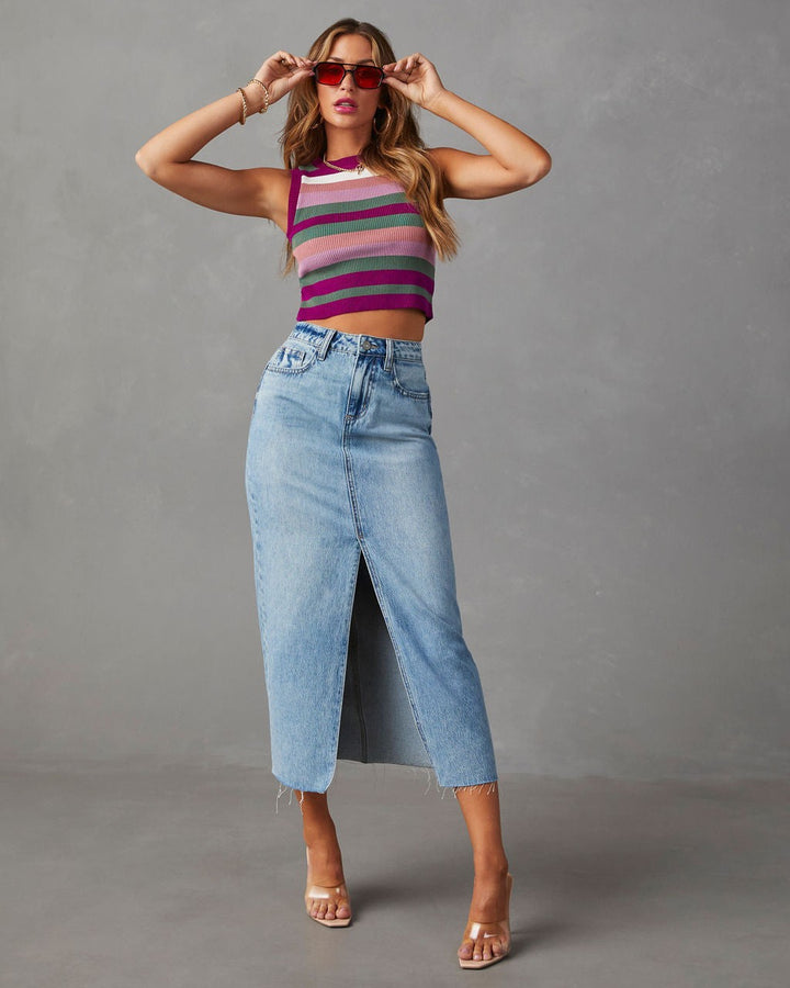 Women's high-cut denim mid skirt with side slit and frayed hems Lisslune
