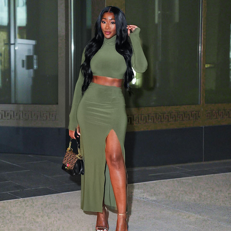 Women's elegant long sleeve dress with high slit and figure-hugging design