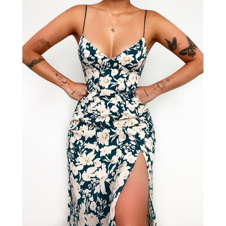 Ladies spaghetti strap maxi dress with floral design and high slit Lune London