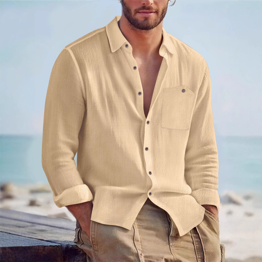 Men's Casual Long Sleeve Shirt with Textured Design and Patch Chest Pocket Lisslune