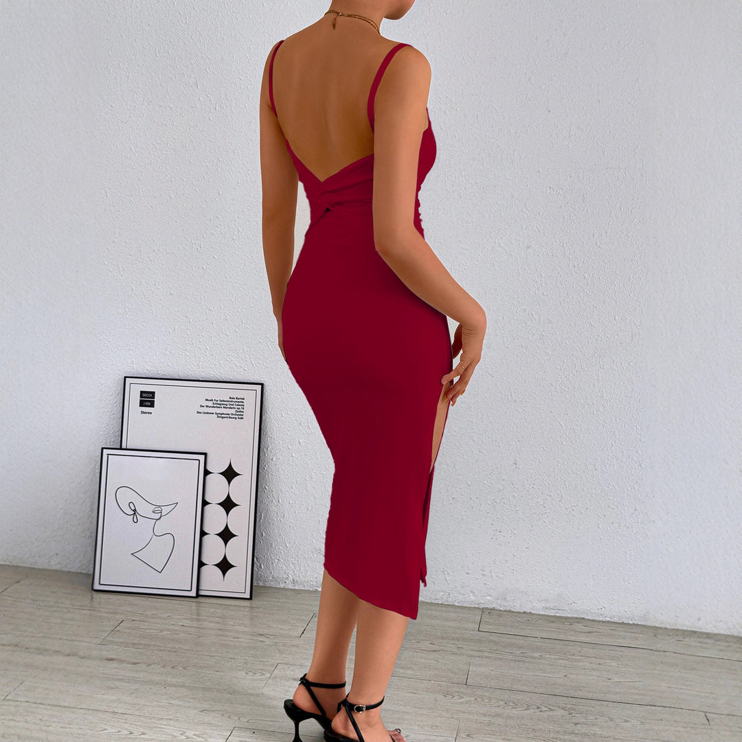 Damen figurbetontes Midi-Kleid mit schulterfreien Trägern und tiefem Schlitz Lisslune