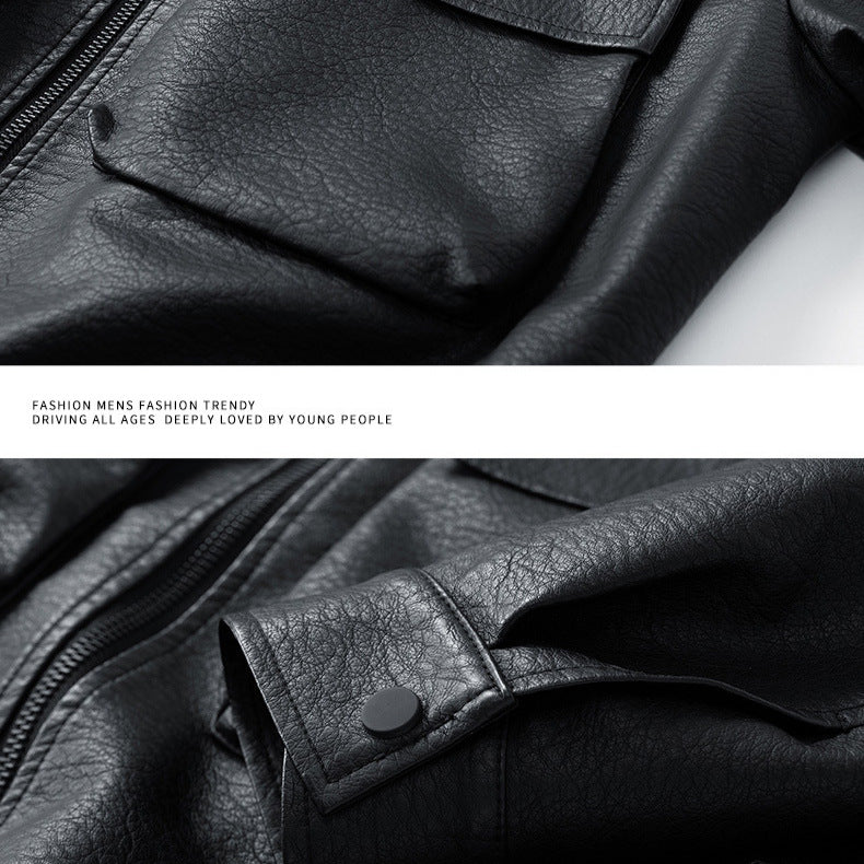 Men's Casual Synthetic Leather Jacket with Practical Pockets and Elastic Waistband Lisslune
