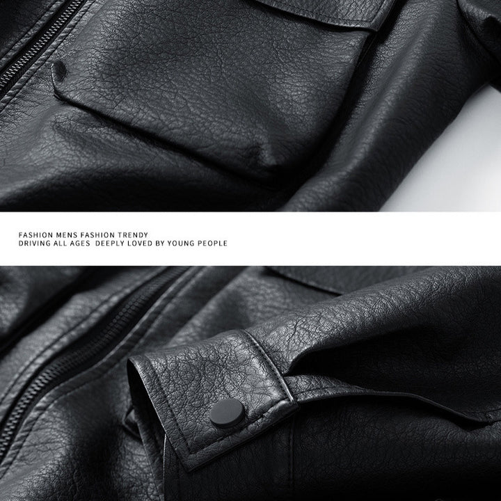 Men's Casual Synthetic Leather Jacket with Practical Pockets and Elastic Waistband Lisslune