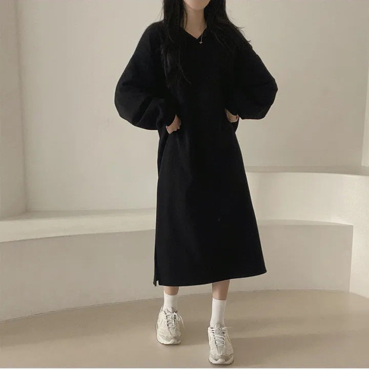 Women elegant hoodie dress with casual puff sleeves and side slit