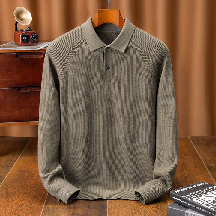 Men's Fine Knit Pullover with Classic Polo Collar and Fashionable Ribbed Structure Lisslune