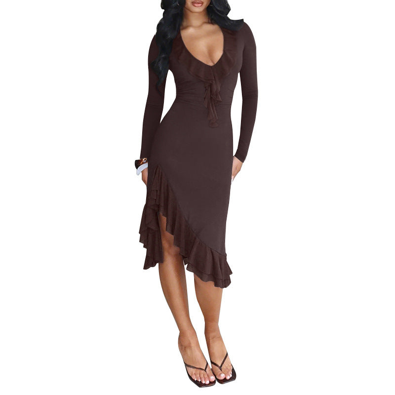 Ladies charming wrap dress with asymmetrical hem and ruffle details Lune London