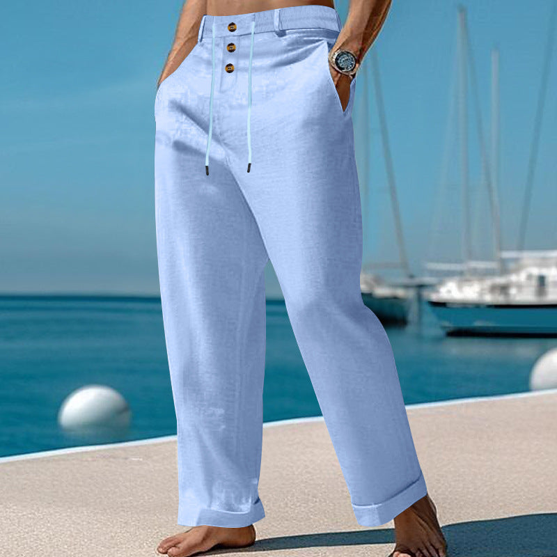 Men's casual linen pants with adjustable waistband and button placket Lisslune