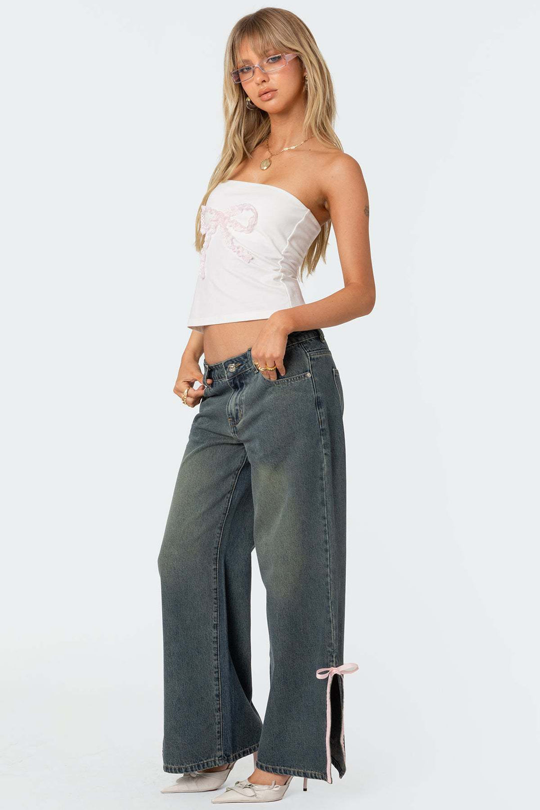 Ladies High Waist Denim Pants with Fashionable Bow Details Lisslune