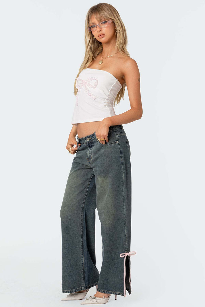 Ladies High Waist Denim Pants with Fashionable Bow Details Lisslune