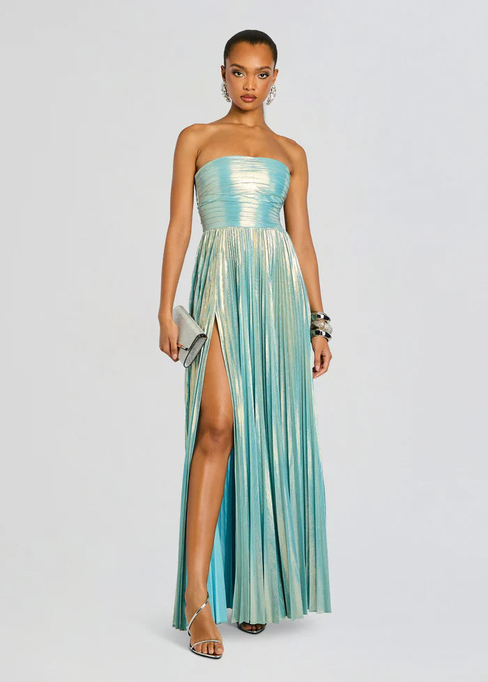 Women's Glamorous Evening Dress with High Slit and Pleated Details Lune London