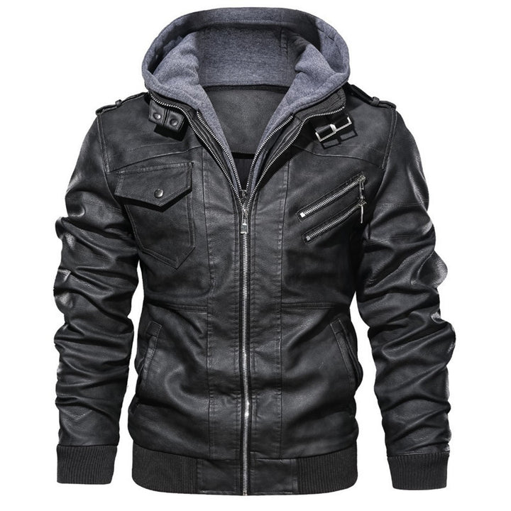 Men's Biker Jacket with Removable Hood and Functional Pockets Lisslune