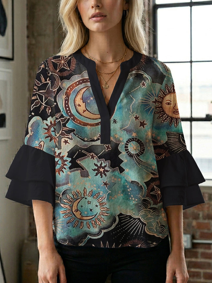 Women's casual blouse with ruffled sleeves and botanical print Lisslune