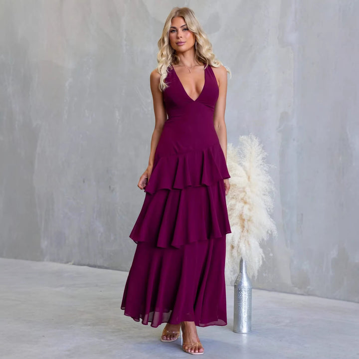 Women's maxi dress with seductive ruffle layers and deep V-neck