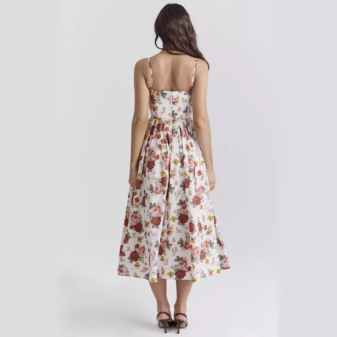 Women’s midi floral dress with strapless style and swinging skirt Lisslune