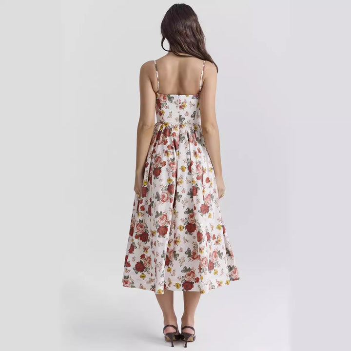 Women’s midi floral dress with strapless style and swinging skirt Lisslune