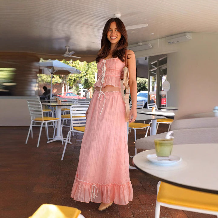 Ladies' maxi dress with playful ruffled hem and practical tie bands Lisslune