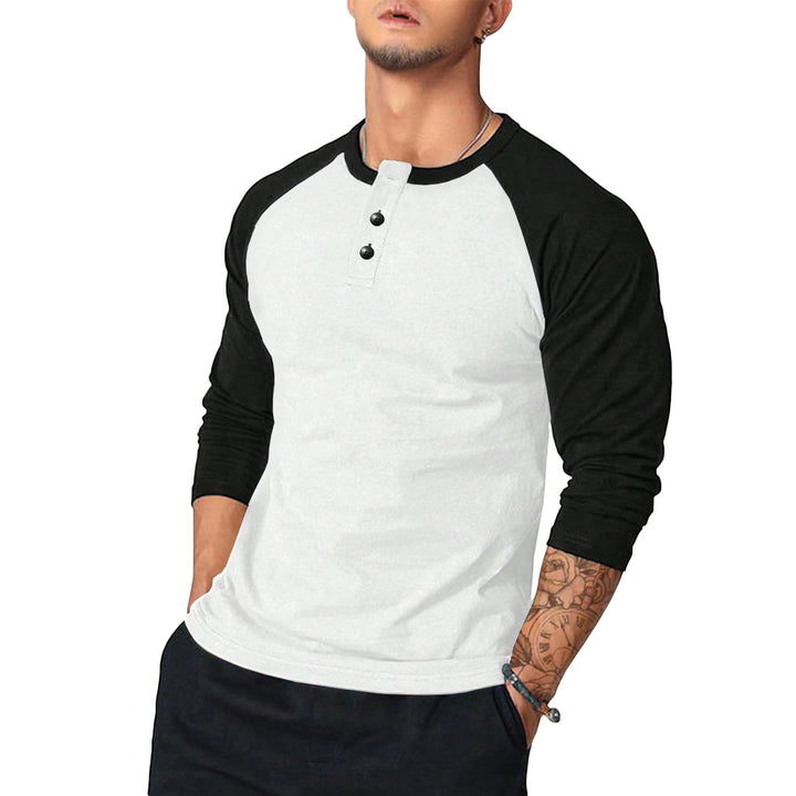 Men's Long Sleeve Henley Shirt with Contrast Sleeves Lisslune