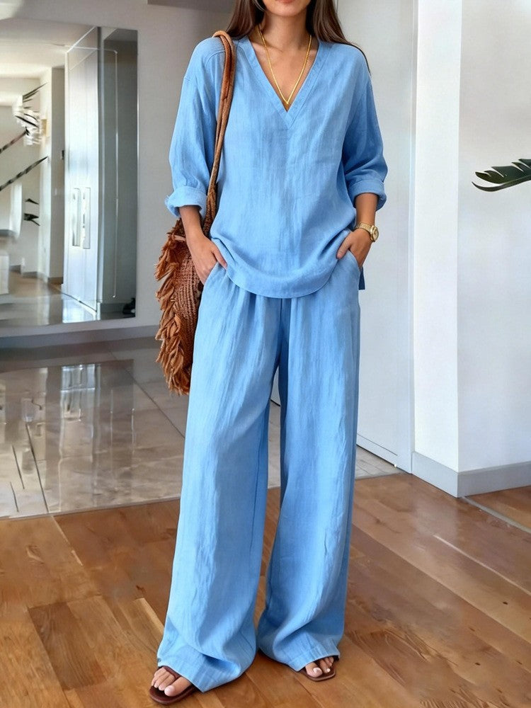 Women's Casual Linen Top and Wide Palazzo Pants Set Lisslune