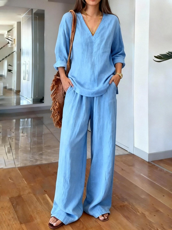 Women's Casual Linen Top and Wide Palazzo Pants Set Lisslune