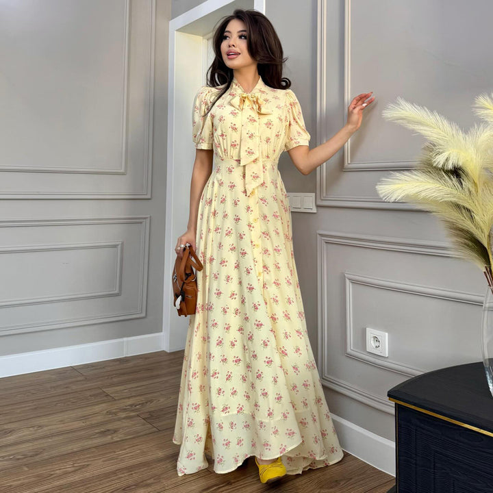 Women's maxi dress with elegant bow tie and romantic flower pattern Lisslune
