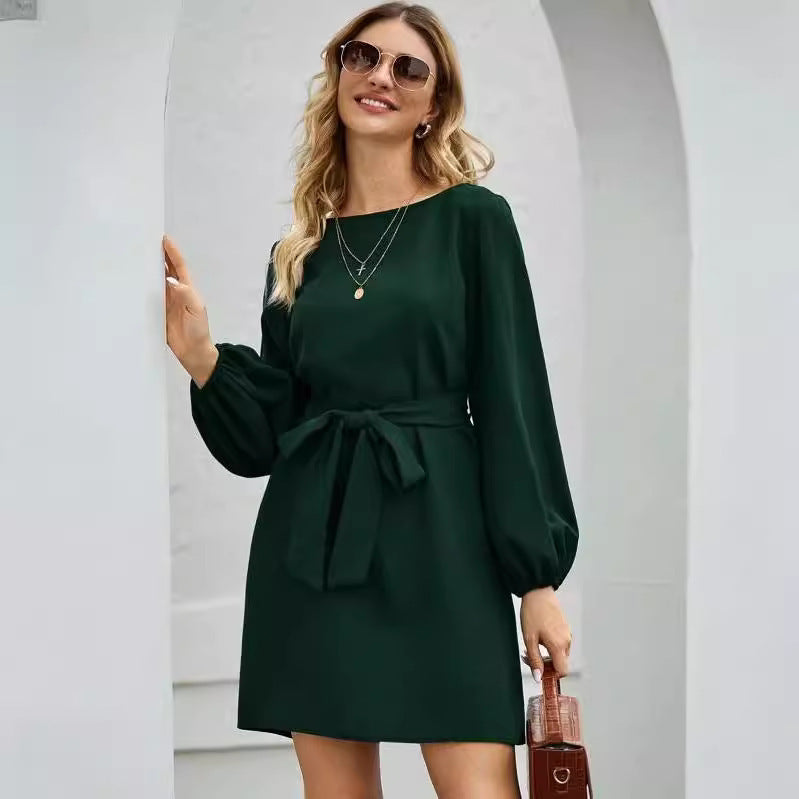 Damen Elegantes Kleid mit Ballonärmeln und Taillengürtel Lisslune