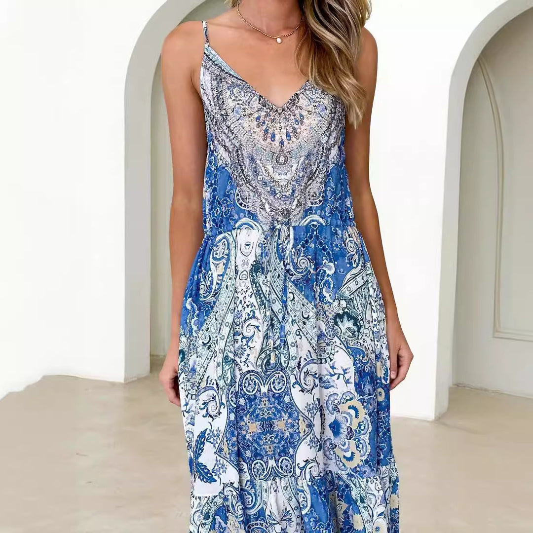 Women's maxi dress in elegant ethnic design with pockets and fine V-neck