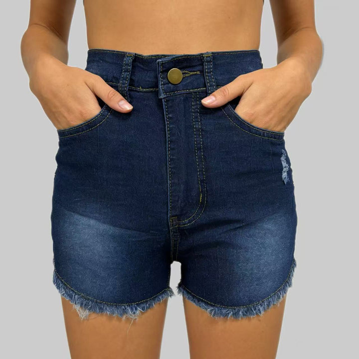 Women's High-Cut Denim Shorts in Trendy Fringe Look Lisslune