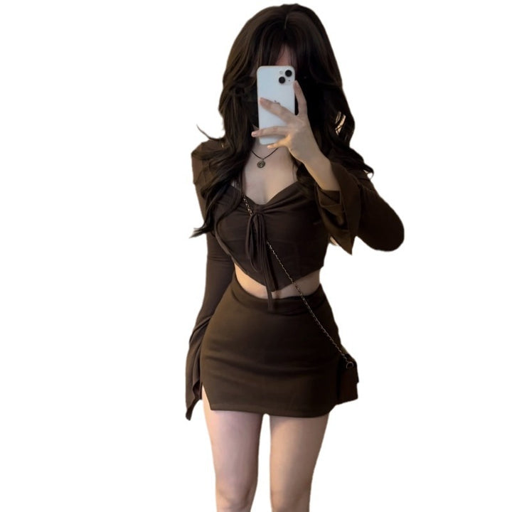 Women's crop top with decorative tie belt and wide sleeves Lisslune