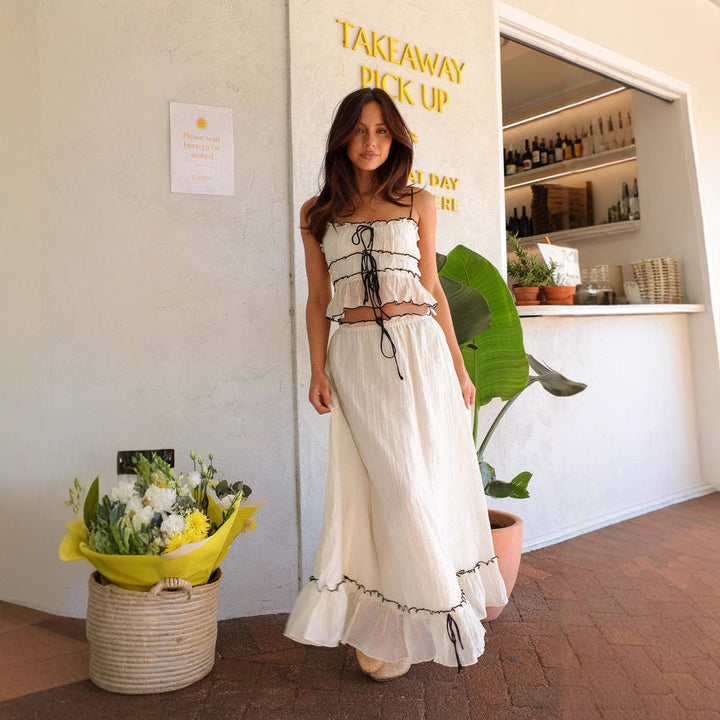 Ladies' maxi dress with playful ruffled hem and practical tie bands Lisslune