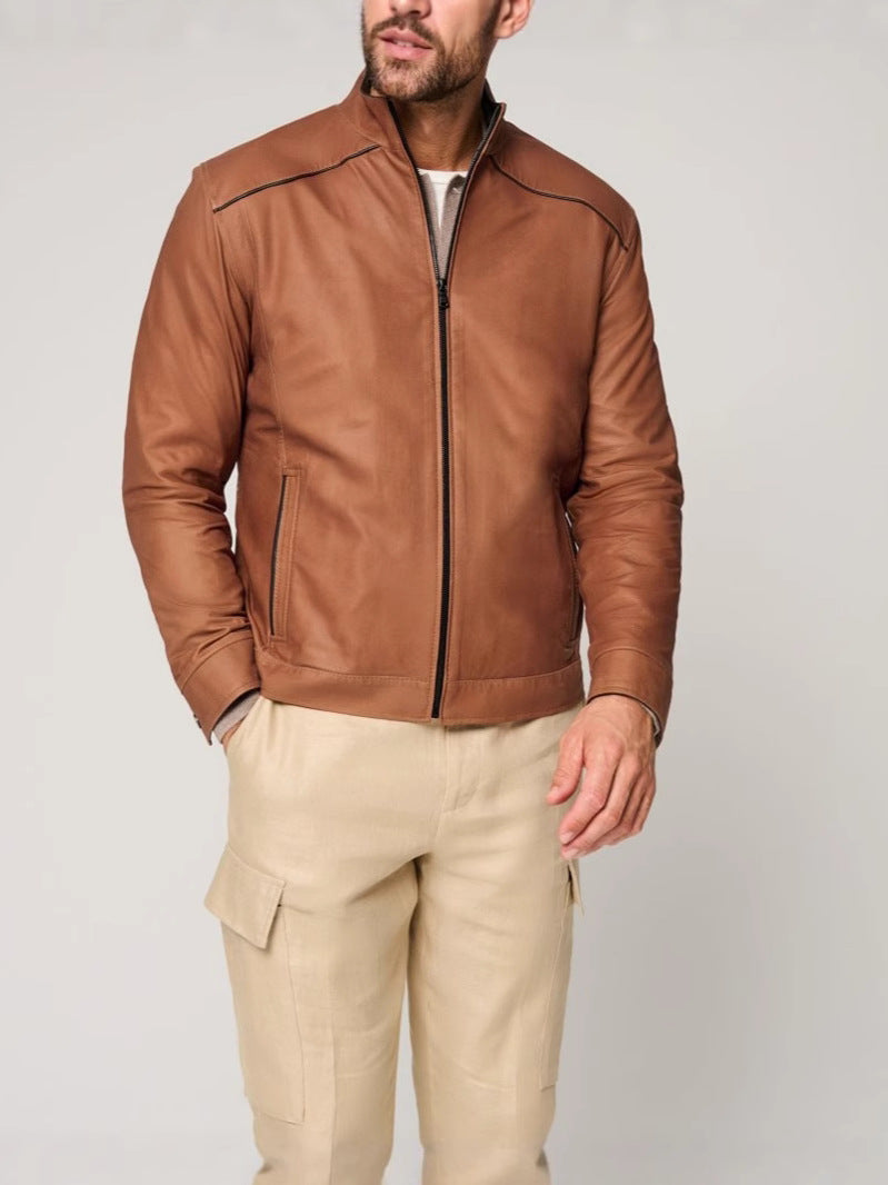Men's leather jacket with elegant stand collar and side zippered pockets Lisslune