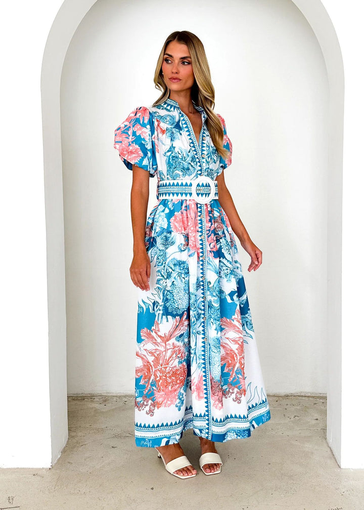Women’s maxi dress with high collar and elegant puff sleeves Lune London