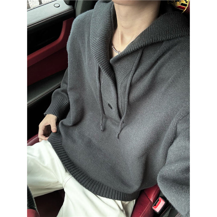 Men's casual hooded sweater with button placket and thicker knit structure Lisslune
