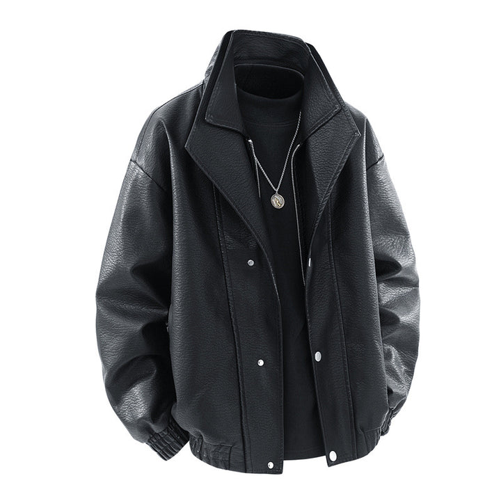 Men's fashionable oversized leather jacket with elegant collar and practical pockets Lisslune