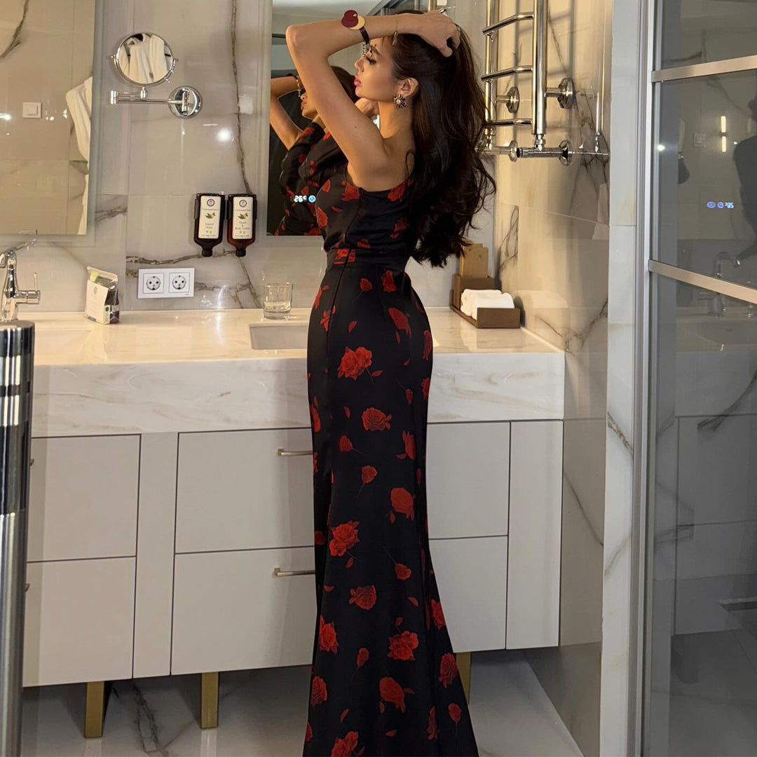 Women’s maxi dress with asymmetric design and elegant floral pattern