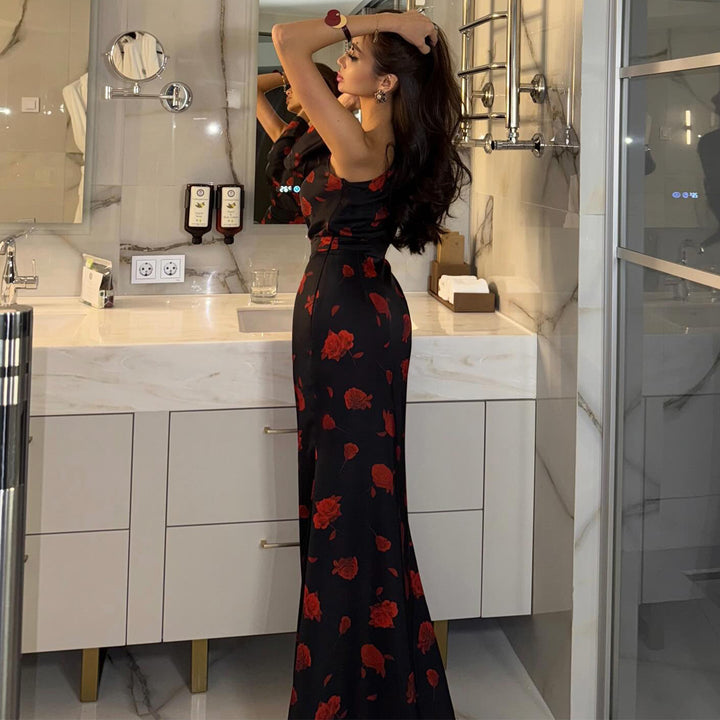 Women’s maxi dress with asymmetric design and elegant floral pattern