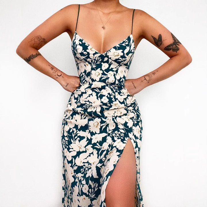 Ladies spaghetti strap maxi dress with floral design and high slit Lune London