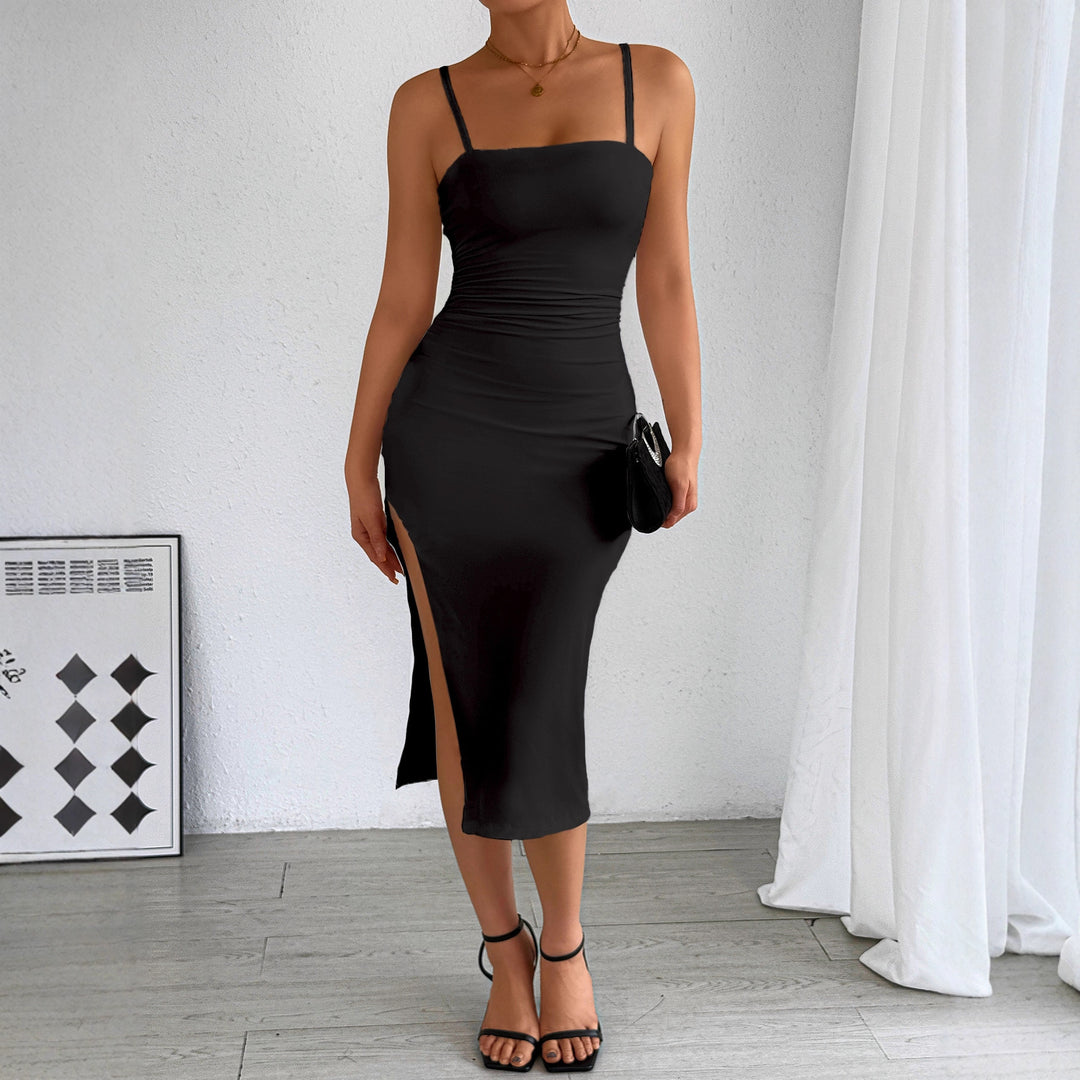 Damen figurbetontes Midi-Kleid mit schulterfreien Trägern und tiefem Schlitz Lisslune