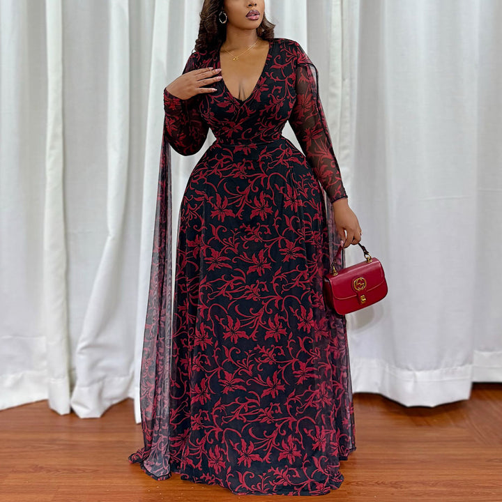 Women's maxi dress with floral transparent design and elegant sleeves Lisslune