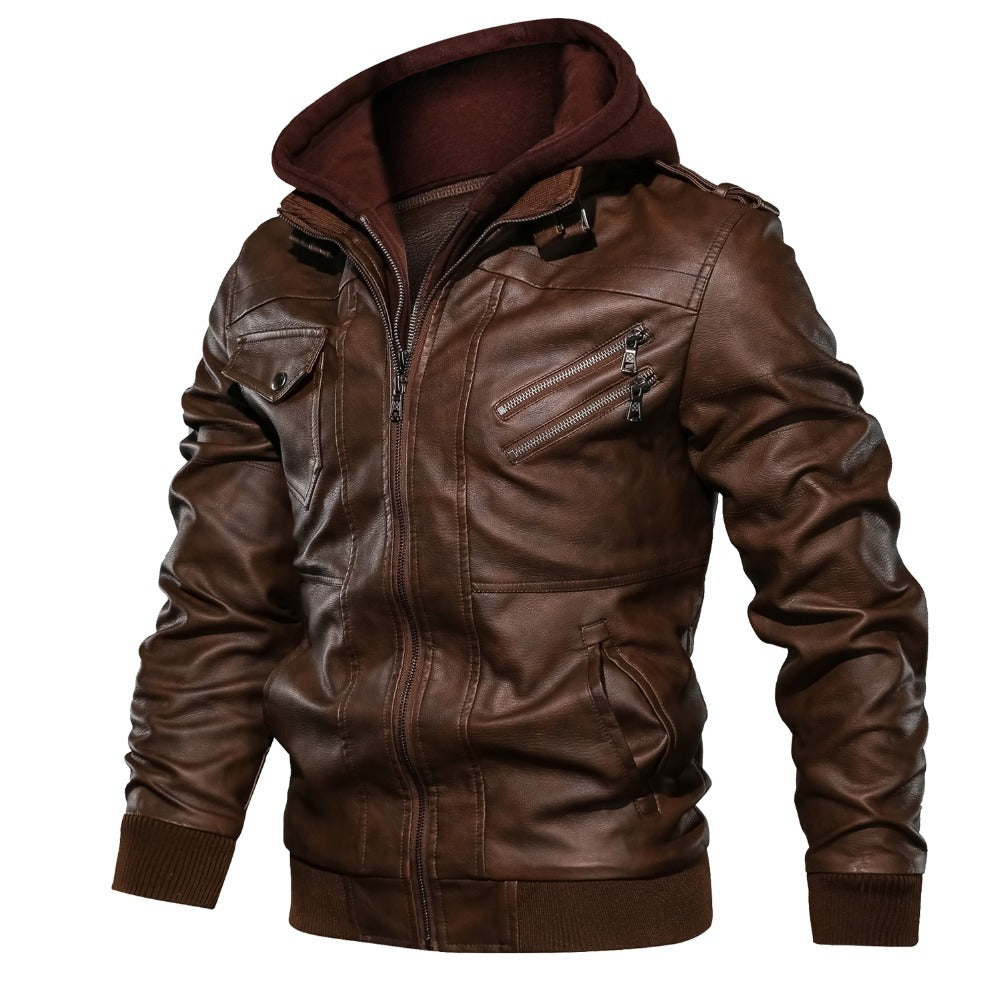Men's leather jacket with removable hood lining and multiple practical pockets Lisslune