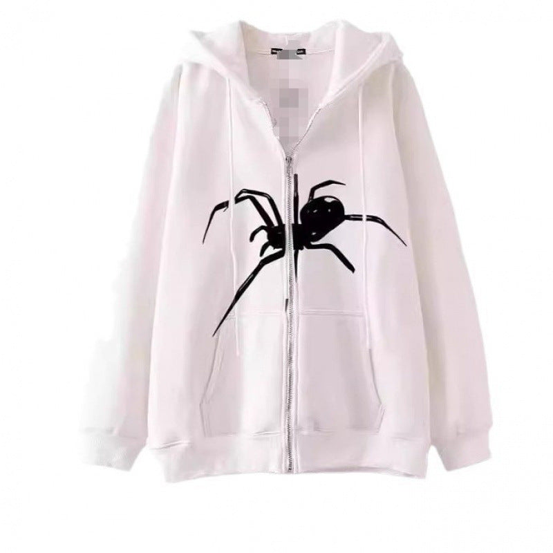 Women's hooded jacket with creative spider motif and practical zipper Lisslune