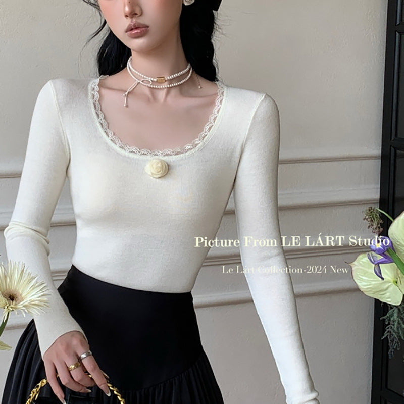 Women's long-sleeve shirt with romantic lace accents and floral details