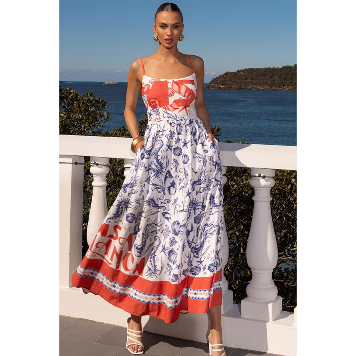 Women's maxi dress with fine straps and artistic graphic print